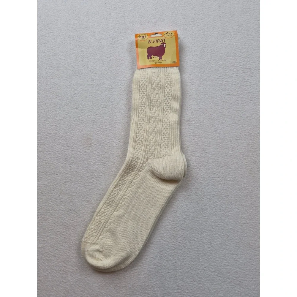 N.Firat FRT Collection Cream Wool Cable Knit Crew Socks Ivory Textured Warm